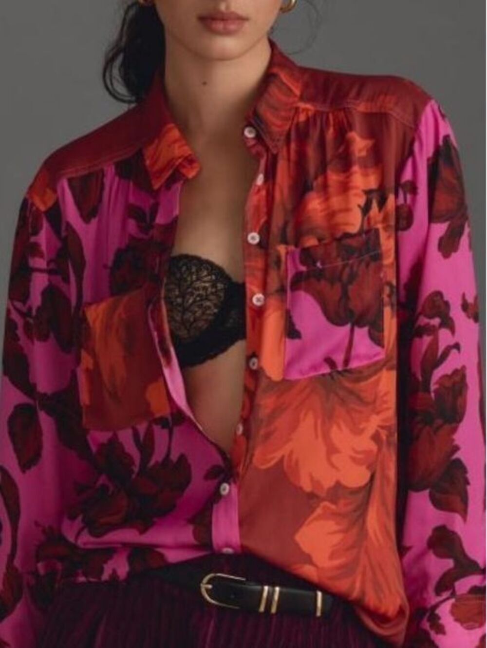 Anthropologie Fuchsia Pink Orange Floral Button Down Blouse Top Small